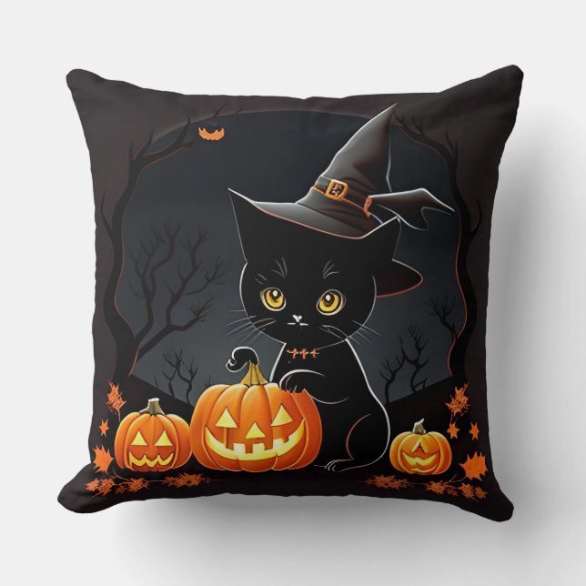 Black Kitten in Witch Hat Amid Halloween Pumpkins Throw Pillow (Front)