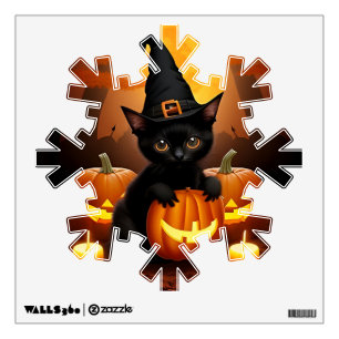 Black Kitten in Witch Hat Amid Halloween Pumpkins Wall Decal