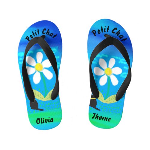 Black kitten in Wonderful Daisy Garden Kids Flip Flops