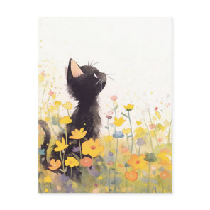 Black Kitten in Yellow Wildflower Summer Meadow Postcard