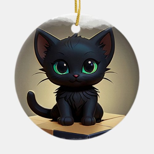 Black Kitten on a Box Cartoon Art Ceramic Ornament