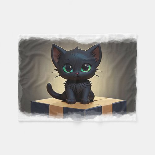 Black Kitten on a Box Cartoon Art Fleece Blanket