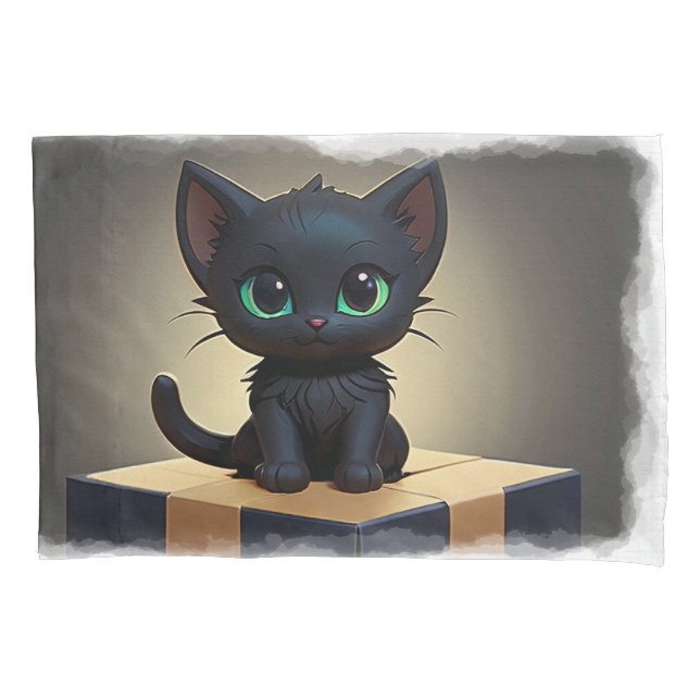 Black Kitten on a Box Cartoon Art Pillow Case (Front)