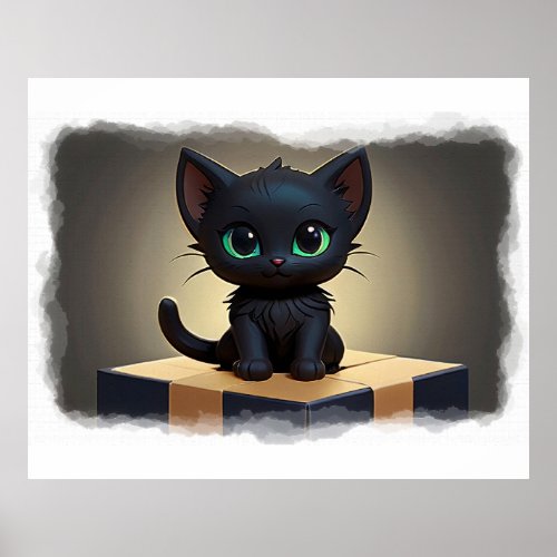 Black Kitten on a Box Cartoon Art Poster