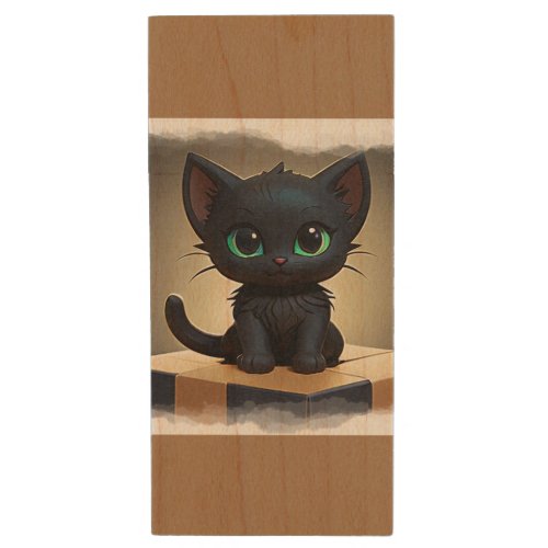 Black Kitten on a Box Cartoon Art Wood Flash Drive