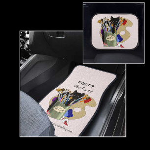 Black Kitten Paint Brush Jar Artist Cat Pink Car Floor Mat