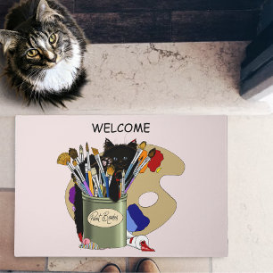 Black Kitten Paint Brush Jar Artist Cat Pink Doormat