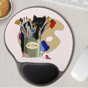 Black Kitten Paint Brush Jar Artist Cat Pink Gel Mouse Pad