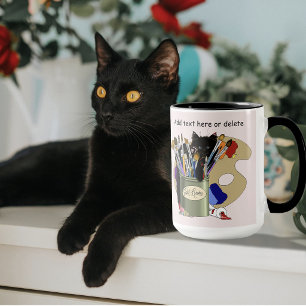 Black Kitten Paint Brush Jar Artist Cat Pink Mug