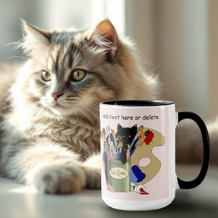 Black Kitten Paint Brush Jar Artist Cat Pink Mug