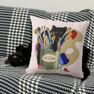 Black Kitten Paint Brush Jar Artist Cat Pink Throw Pillow