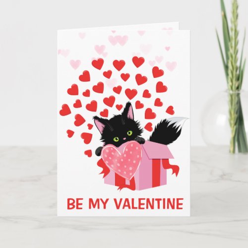 Black Kitten Pink Heart Valentines Day Holiday Card