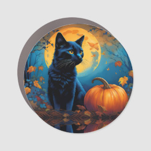 Black Kitten Pumpkin Full Moon Autumn Leaves Car Magnet