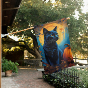 Black Kitten Pumpkin Full Moon Autumn Leaves House Flag