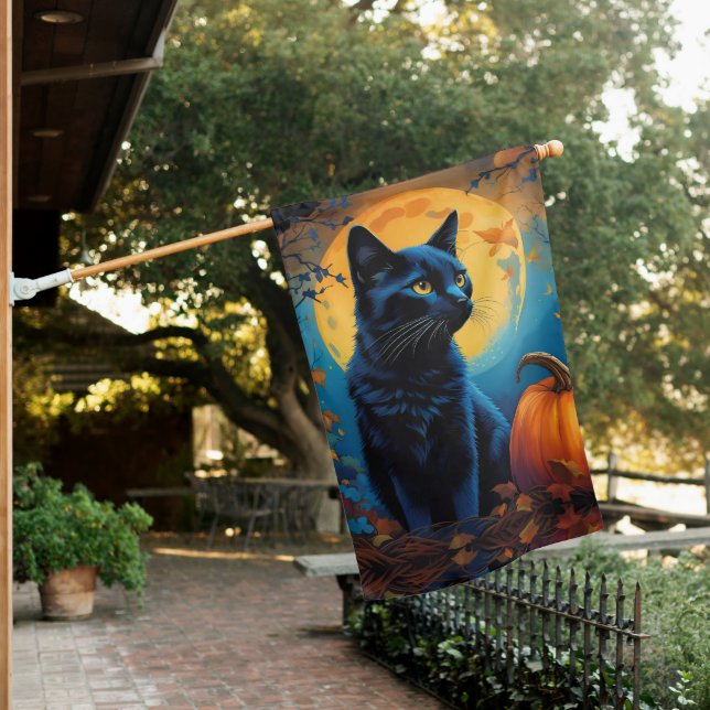 Black Kitten Pumpkin Full Moon Autumn Leaves House Flag (In SItu)