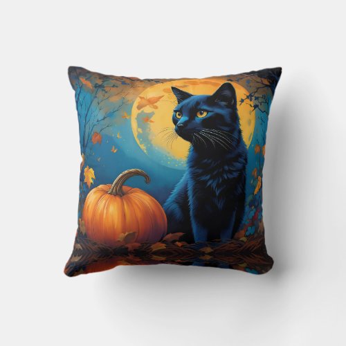 Black Kitten Pumpkin Full Moon Autumn Leaves Throw Pillow