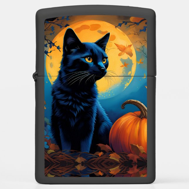 Black Kitten Pumpkin Full Moon Autumn Leaves Zippo Lighter (Front)