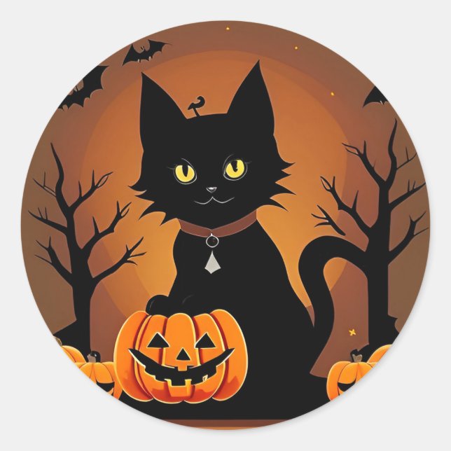 Black Kitten Pumpkin Witch Hat Cute Halloween  Classic Round Sticker (Front)