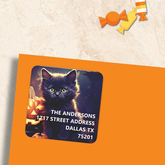 Black Kitten & Pumpkins Halloween Address Sticker (Creator Uploaded)