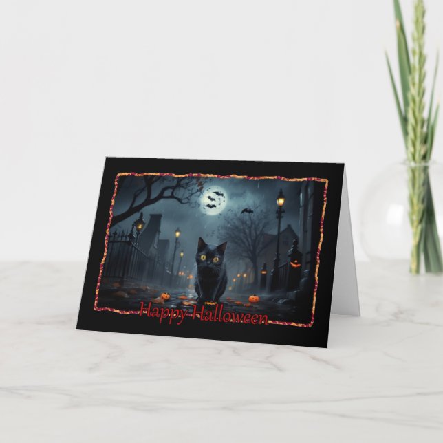 Black Kitten Roaming Happy Halloween Card (Front)