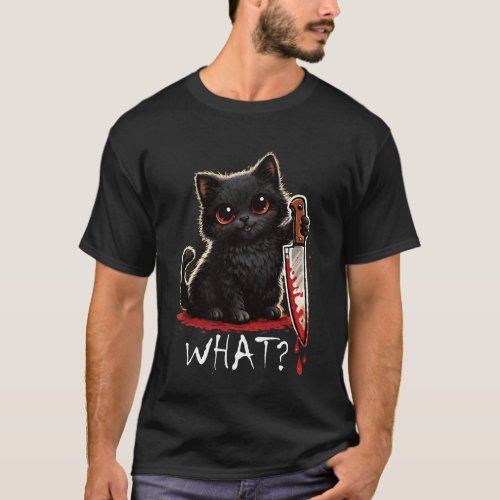 Black Kitten What Cat Cute Creepy Humor Theme Long T-Shirt