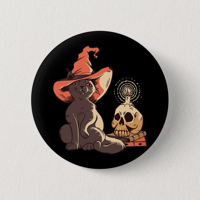 Black Kitten Witch Halloween Design Button (Front)