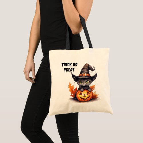 Black Kitten Witch Hat Kids Halloween Treat Tote Bag