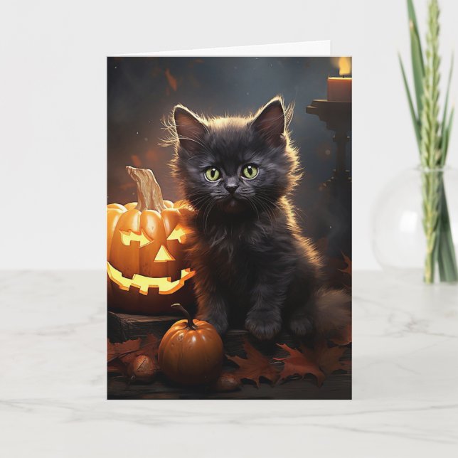 Black Kitten With Pumpkin Halloween  Holiday Card (Front)