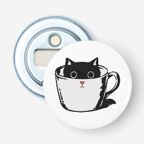 Black kitten with red nose hiding in a cup bottle opener