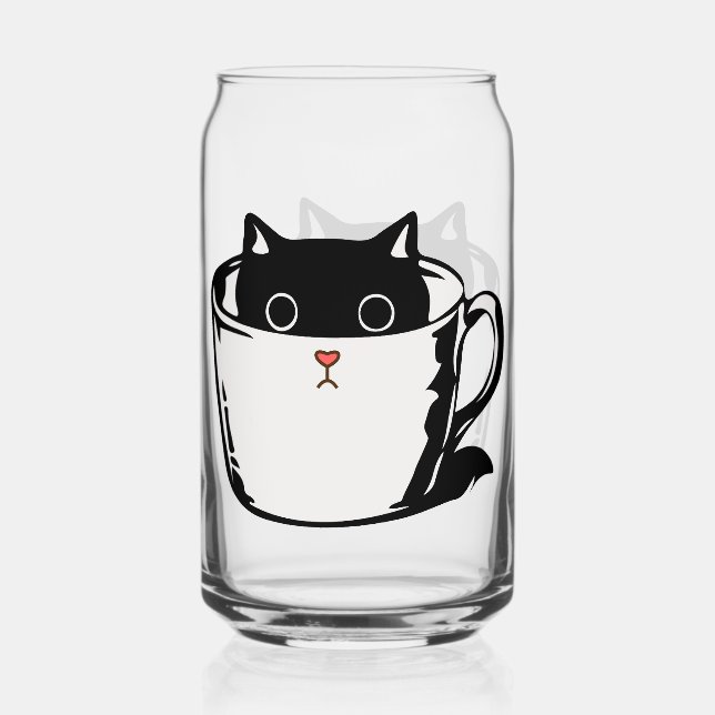 Black kitten with red nose hiding in a cup can glass (Front)