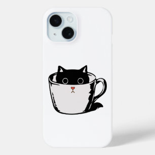 Black kitten with red nose hiding in a cup iPhone 15 case