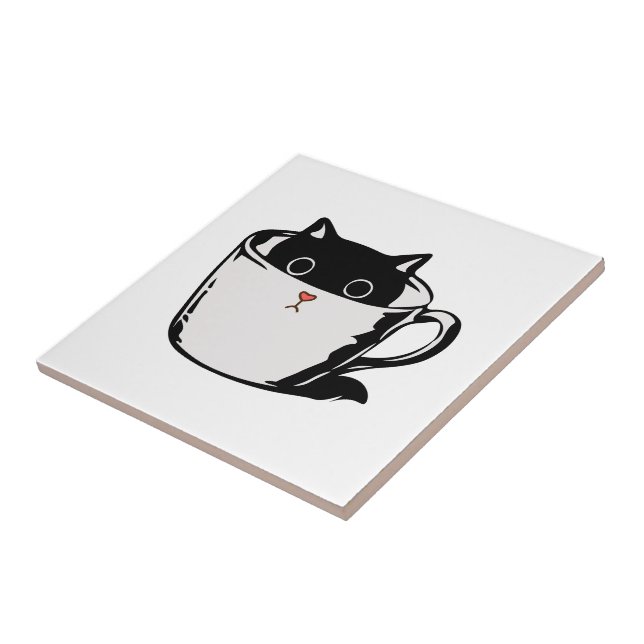 Black kitten with red nose hiding in a cup ceramic tile (Side)