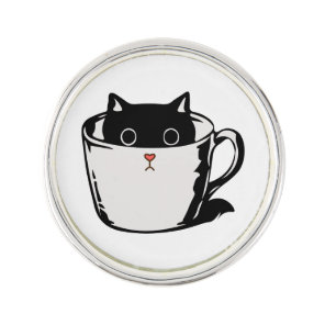 Black kitten with red nose hiding in a cup lapel pin