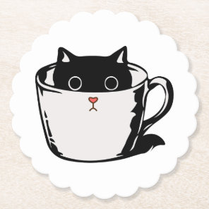 Black kitten with red nose hiding in a cup paper coaster