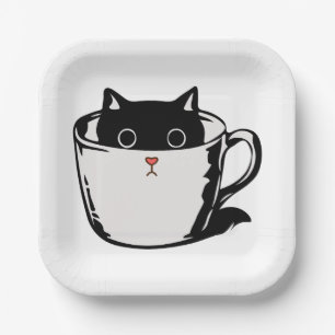 Black kitten with red nose hiding in a cup paper plates