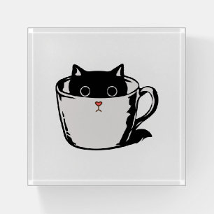 Black kitten with red nose hiding in a cup paperweight
