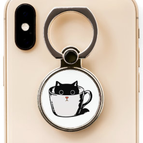 Black kitten with red nose hiding in a cup phone ring stand