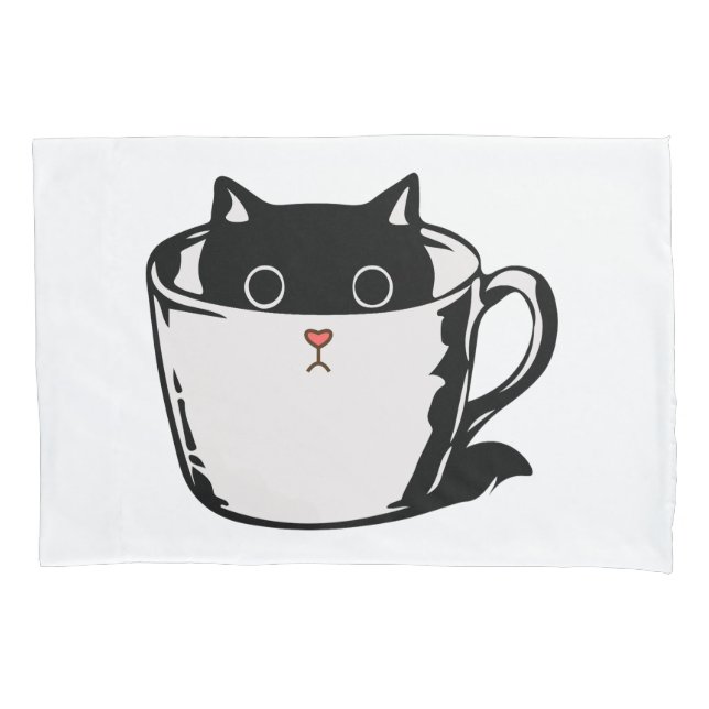 Black kitten with red nose hiding in a cup pillow case (Front)