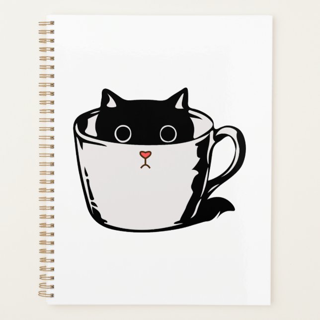 Black kitten with red nose hiding in a cup planner (Front)