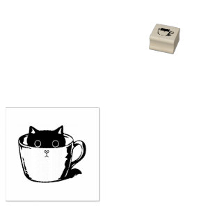 Black kitten with red nose hiding in a cup rubber stamp