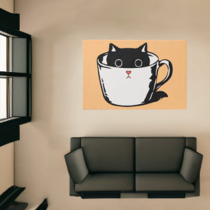 Black kitten with red nose hiding in a cup rug