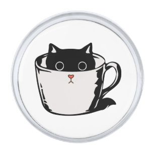 Black kitten with red nose hiding in a cup silver finish lapel pin