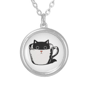 Black kitten with red nose hiding in a cup silver plated necklace