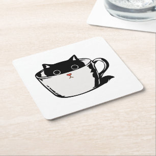 Black kitten with red nose hiding in a cup square paper coaster