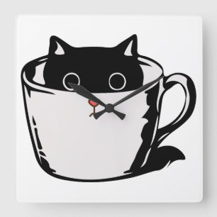 Black kitten with red nose hiding in a cup square wall clock