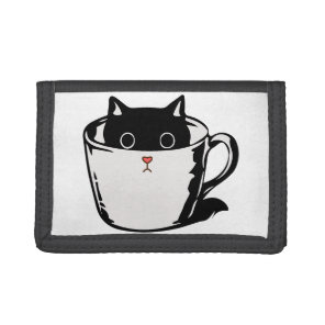 Black kitten with red nose hiding in a cup tri-fold wallet