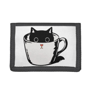 Black kitten with red nose hiding in a cup trifold wallet
