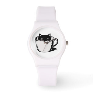 Black kitten with red nose hiding in a cup watch