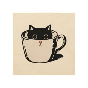 Black kitten with red nose hiding in a cup wood wall art
