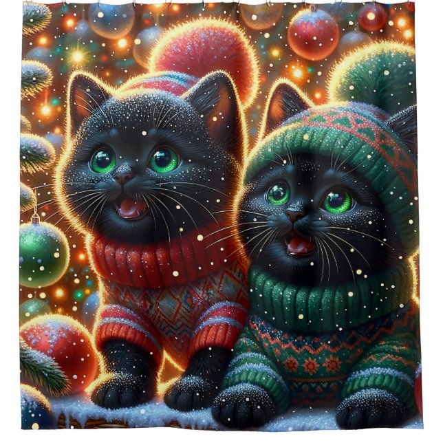 “Black Kittens’ Santa Sighting" Shower Curtain (Front)